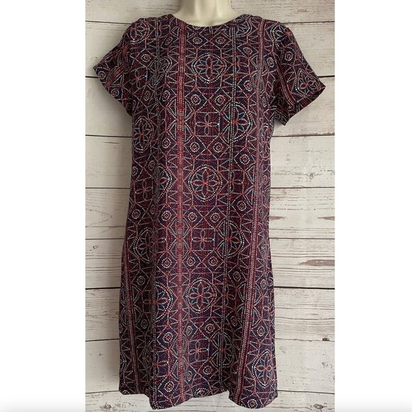 ADRIENNE VITTADINI Navy Blue Red White Geometric Print Short Sleeve Shift Dress - Picture 1 of 12
